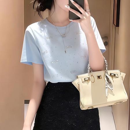 BY21304# t恤短袖夏季新款冰丝凉感减龄圆领欧货烫钻重工女士显瘦上衣 服裝批發女裝批發服飾貨源