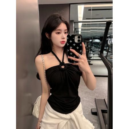 BY21308# 辣妹串珠麻绳挂脖抹胸小吊带褶皱修身带胸垫无袖上衣 服裝批發女裝批發服飾貨源
