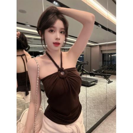BY21308# 辣妹串珠麻绳挂脖抹胸小吊带褶皱修身带胸垫无袖上衣 服裝批發女裝批發服飾貨源