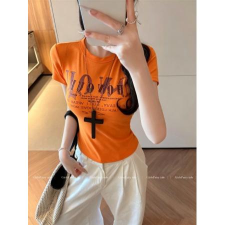 BY21313# 新款美式辣妹风字母印花胸垫收腰正肩圆领短袖T恤女 服裝批發女裝批發服飾貨源