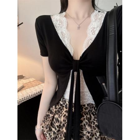 BY21316# V领蕾丝边T恤女洋气百搭假两件短袖上衣 服裝批發女裝批發服飾貨源