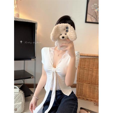 BY21316# V领蕾丝边T恤女洋气百搭假两件短袖上衣 服裝批發女裝批發服飾貨源