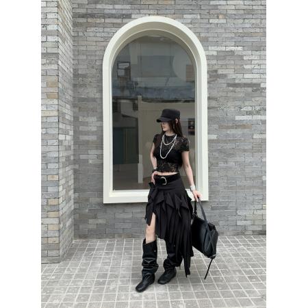 BY21321# 辣妹不规则下摆低腰半身裙设计感斜边A字裙 服裝批發女裝批發服飾貨源