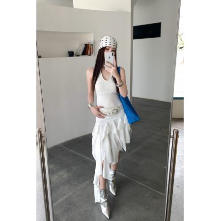BY21321# 辣妹不规则下摆低腰半身裙设计感斜边A字裙 服裝批發女裝批發服飾貨源