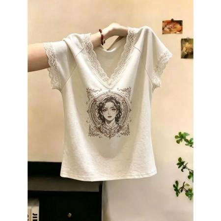 BY21328# 纯棉大码人像印花蕾丝短袖t恤女春夏新款宽松显瘦时尚上衣女 服裝批發女裝批發服飾貨源
