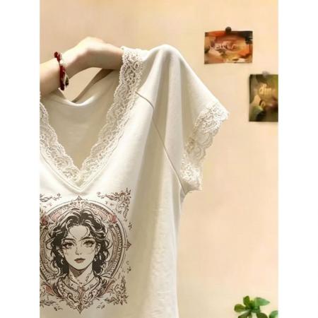 BY21328# 纯棉大码人像印花蕾丝短袖t恤女春夏新款宽松显瘦时尚上衣女 服裝批發女裝批發服飾貨源