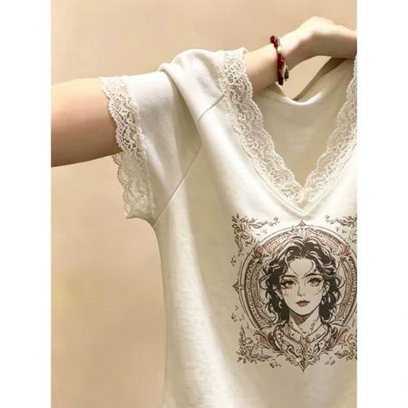 BY21328# 纯棉大码人像印花蕾丝短袖t恤女春夏新款宽松显瘦时尚上衣女 服裝批發女裝批發服飾貨源