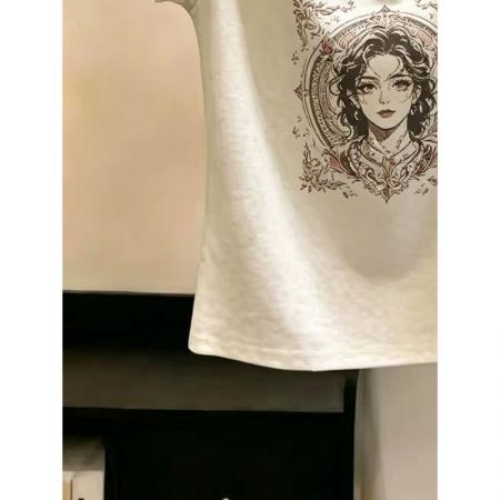 BY21328# 纯棉大码人像印花蕾丝短袖t恤女春夏新款宽松显瘦时尚上衣女 服裝批發女裝批發服飾貨源