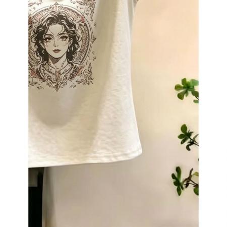 BY21328# 纯棉大码人像印花蕾丝短袖t恤女春夏新款宽松显瘦时尚上衣女 服裝批發女裝批發服飾貨源