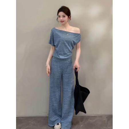 BY21332# 韩系辣妹风气质时尚套装女夏季斜领露肩短袖T恤+阔腿裤两件套 服裝批發女裝批發服飾貨源