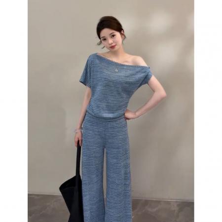 BY21332# 韩系辣妹风气质时尚套装女夏季斜领露肩短袖T恤+阔腿裤两件套 服裝批發女裝批發服飾貨源