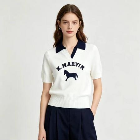 BY21343# 潮牌外贸大码英文字母小马小v翻领针织t恤女装上衣短袖 服裝批發女裝批發服飾貨源