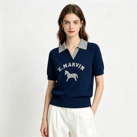 BY21343# 潮牌外贸大码英文字母小马小v翻领针织t恤女装上衣短袖 服裝批發女裝批發服飾貨源
