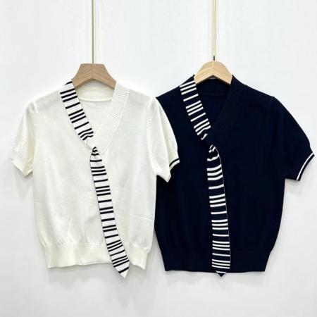BY21348# 韩版春夏设计感条纹拼接领带v领针织衫女短袖上衣 服裝批發女裝批發服飾貨源