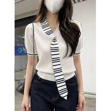 BY21348# 韩版春夏设计感条纹拼接领带v领针织衫女短袖上衣 服裝批發女裝批發服飾貨源