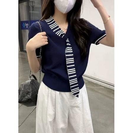 BY21348# 韩版春夏设计感条纹拼接领带v领针织衫女短袖上衣 服裝批發女裝批發服飾貨源