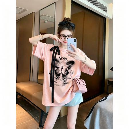 BY21353# 潮牌棉特大码300斤飘带蝴蝶结镂空扎染印花短袖女 服裝批發女裝批發服飾貨源