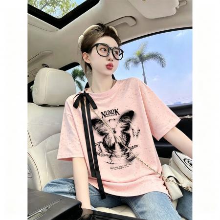 BY21353# 潮牌棉特大码300斤飘带蝴蝶结镂空扎染印花短袖女 服裝批發女裝批發服飾貨源