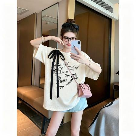 BY21354# 潮牌棉特大码300斤飘带蝴蝶结镂空扎染印花短袖女 服裝批發女裝批發服飾貨源