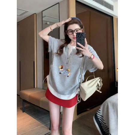 BY21357# 设计小众假两件修身抽绳短袖t恤印花夏季短款 服裝批發女裝批發服飾貨源