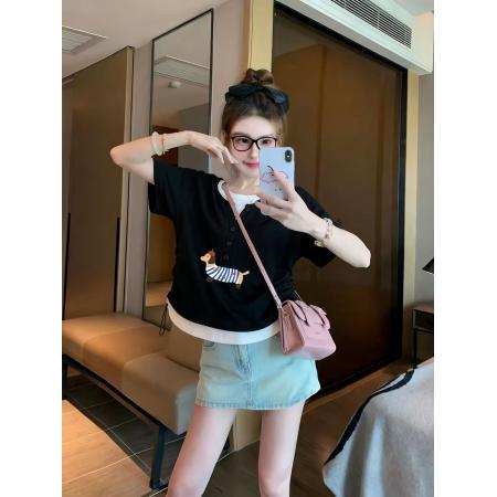 BY21357# 设计小众假两件修身抽绳短袖t恤印花夏季短款 服裝批發女裝批發服飾貨源