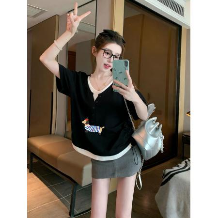 BY21357# 设计小众假两件修身抽绳短袖t恤印花夏季短款 服裝批發女裝批發服飾貨源