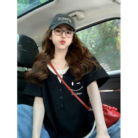 BY21358# 设计小众假两件修身抽绳短袖t恤印花夏季短款 服裝批發女裝批發服飾貨源