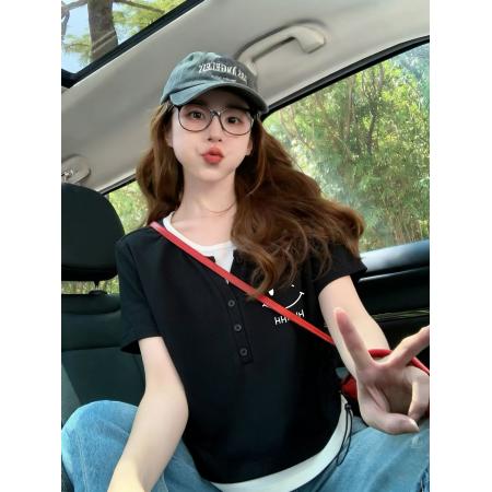 BY21358# 设计小众假两件修身抽绳短袖t恤印花夏季短款 服裝批發女裝批發服飾貨源