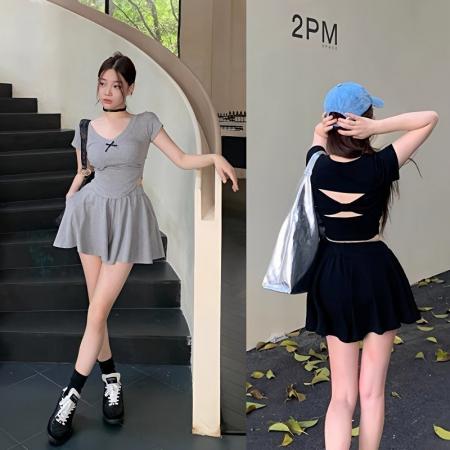 BY21360# 人棉辣妹夏季两件套装女短袖镂空不规则T恤上衣+防走光裙裤 服裝批發女裝批發服飾貨源