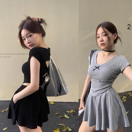BY21360# 人棉辣妹夏季两件套装女短袖镂空不规则T恤上衣+防走光裙裤 服裝批發女裝批發服飾貨源
