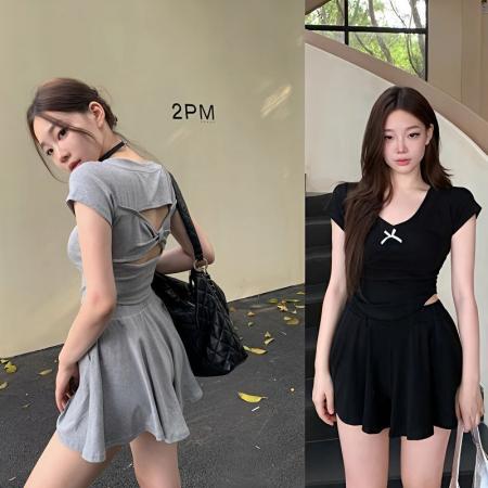 BY21360# 人棉辣妹夏季两件套装女短袖镂空不规则T恤上衣+防走光裙裤 服裝批發女裝批發服飾貨源
