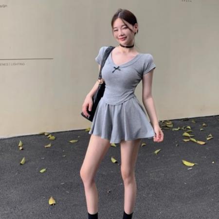 BY21360# 人棉辣妹夏季两件套装女短袖镂空不规则T恤上衣+防走光裙裤 服裝批發女裝批發服飾貨源