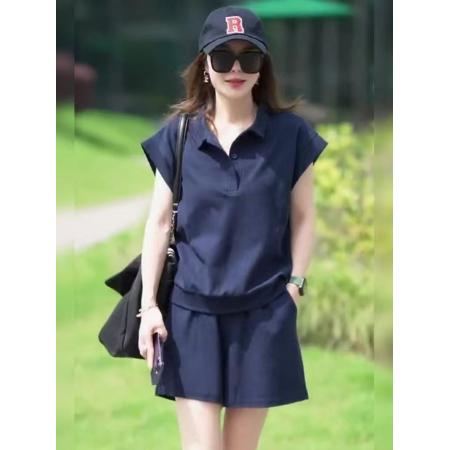 BY21362# 鱼鳞棉夏季新款大码休闲时尚Polo领T恤运动短裤子两件套装 服裝批發女裝批發服飾貨源