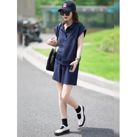 BY21362# 鱼鳞棉夏季新款大码休闲时尚Polo领T恤运动短裤子两件套装 服裝批發女裝批發服飾貨源