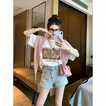 BY21366# 纯棉+披肩8个码数特大码足300斤披肩印花短袖T恤两件套 服裝批發女裝批發服飾貨源