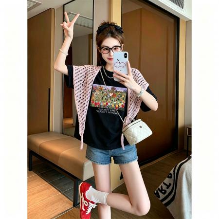 BY21366# 纯棉+披肩8个码数特大码足300斤披肩印花短袖T恤两件套 服裝批發女裝批發服飾貨源