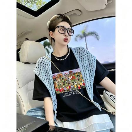 BY21366# 纯棉+披肩8个码数特大码足300斤披肩印花短袖T恤两件套 服裝批發女裝批發服飾貨源