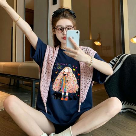 BY21367# 纯棉+披肩8个码数特大码足300斤披肩印花短袖T恤两件套 服裝批發女裝批發服飾貨源