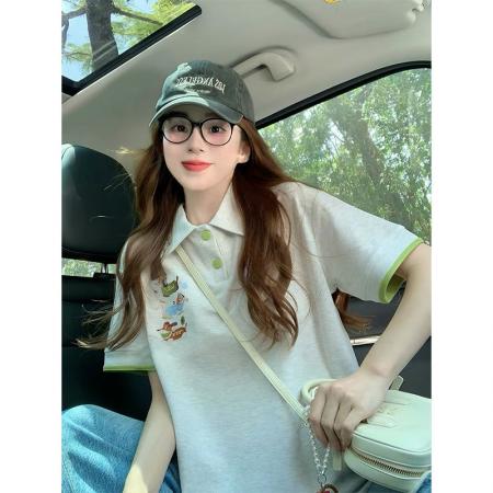BY21371# 整件针线纯棉领索罗纳+包边拉肩刺绣polo领t恤女 服裝批發女裝批發服飾貨源