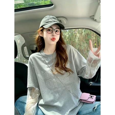 BY21372# 纯棉刺绣亮片特大码300斤防晒网纱假两件短袖t恤 服裝批發女裝批發服飾貨源