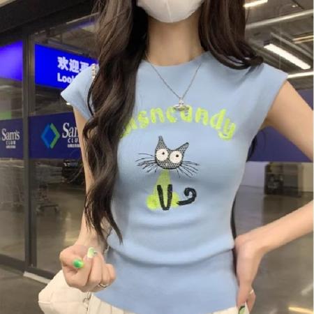 BY21375# 时尚辣妹针织短袖正肩t恤女夏季设计感小众修身显瘦小飞袖上衣 服裝批發女裝批發服飾貨源