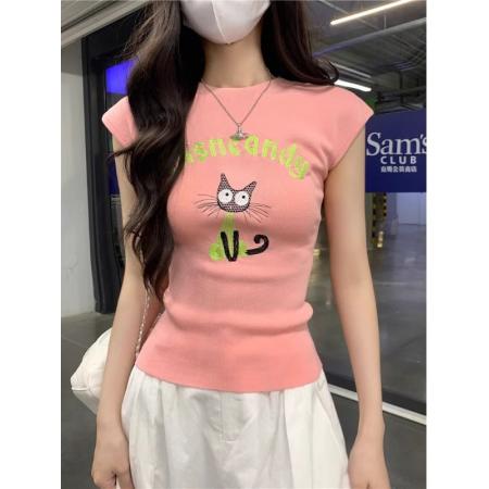 BY21375# 时尚辣妹针织短袖正肩t恤女夏季设计感小众修身显瘦小飞袖上衣 服裝批發女裝批發服飾貨源