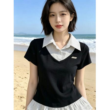 BY21384# 学院风假两件条纹拼接衬衫女夏季新款短袖荷叶边衬衣气质 服裝批發女裝批發服飾貨源