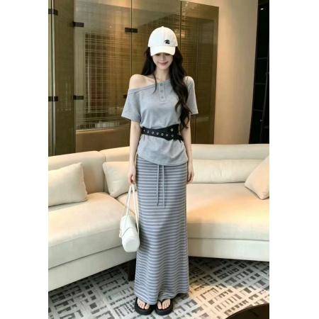 BY21399# 新款酷辣美式斜领纽扣上衣+腰带+松紧腰条纹半身裙三件套 服裝批發女裝批發服飾貨源