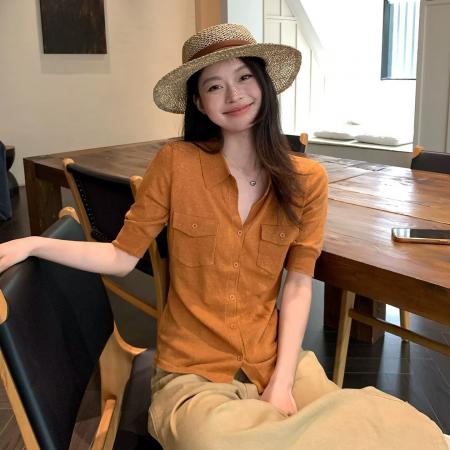 BY21408# 橘色衬衫针织短袖女夏季老钱风修身中袖高级感衬衣小上衣潮 服裝批發女裝批發服飾貨源