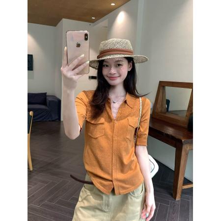 BY21408# 橘色衬衫针织短袖女夏季老钱风修身中袖高级感衬衣小上衣潮 服裝批發女裝批發服飾貨源