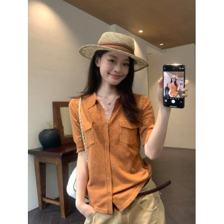 BY21408# 橘色衬衫针织短袖女夏季老钱风修身中袖高级感衬衣小上衣潮 服裝批發女裝批發服飾貨源