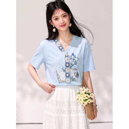 BY21409# 短袖v领t恤女夏季新款蓝色设计感宽松漂亮上衣夏风逐花 服裝批發女裝批發服飾貨源