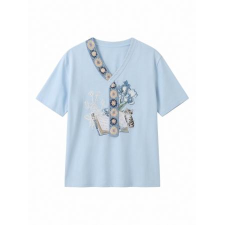 BY21409# 短袖v领t恤女夏季新款蓝色设计感宽松漂亮上衣夏风逐花 服裝批發女裝批發服飾貨源