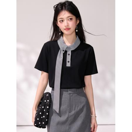 BY21411# 学院风撞色格子拼接短袖T恤宽松百搭气质系带上衣 服裝批發女裝批發服飾貨源